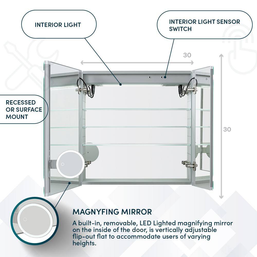 30'' Square Modern Mirrored LED Medicine Cabinet with Interior Outlet
