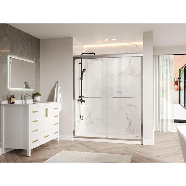 60 in. W x 76 in. H Double Sliding Framed Shower Door in Silver with 1/4 in. (6 mm) Clear Glass