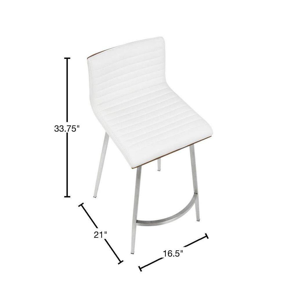 Set of 2 White Faux Leather Swivel Counter Stools with Walnut Wood and Stainless Steel