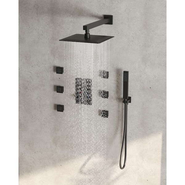 7-Spray 12 in. Thermostatic Wall Bar Shower Systems with Handheld 2.5 GPM in Matte Black (Valve Included)