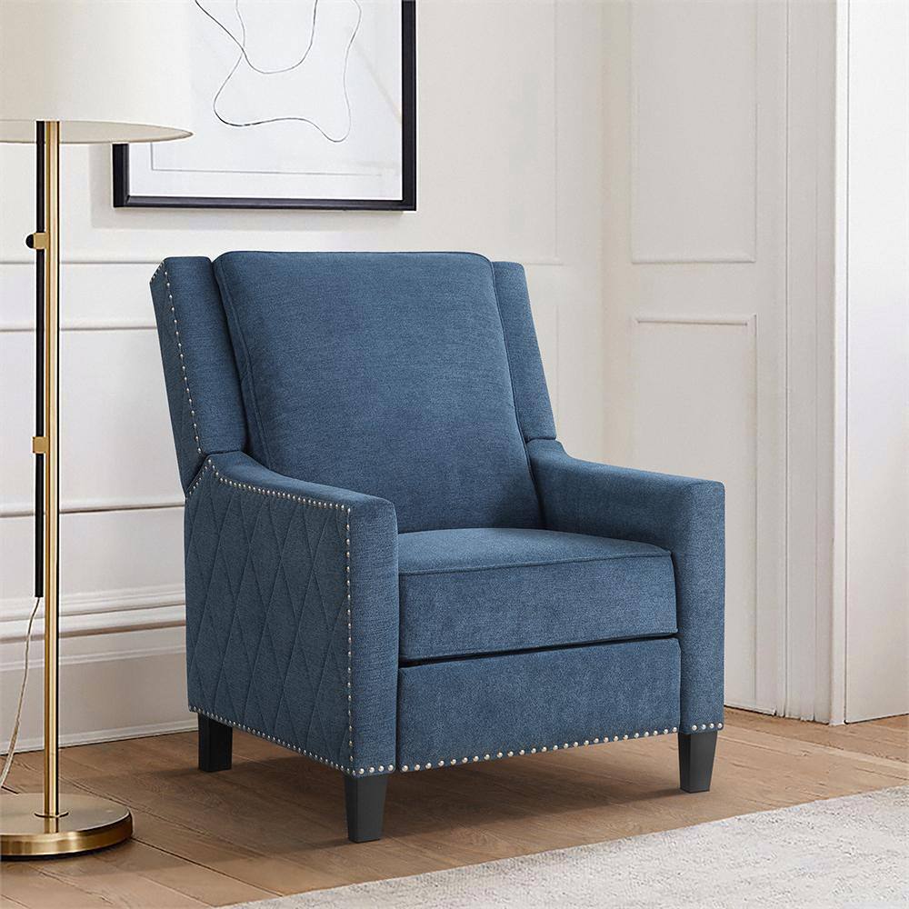 Blue Fabric Upholstered Push Back Recliner with Nailhead Trim