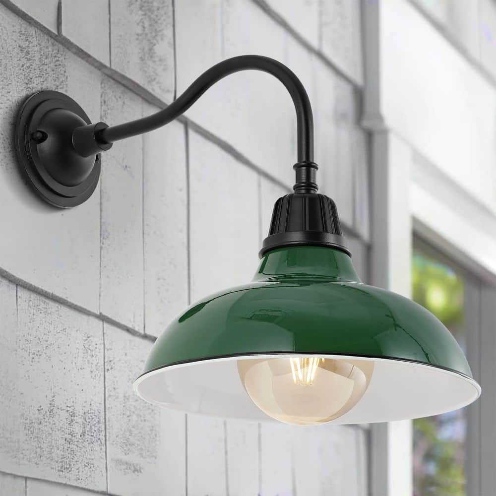 Aurora 12.25" 1-Light Farmhouse Industrial Indoor/Outdoor Iron LED Gooseneck Arm Outdoor Sconce, Green