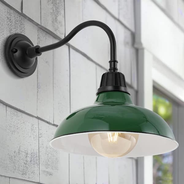 JONATHAN Y Aurora 12.25 in. Green 1-Light Farmhouse Industrial Indoor/Outdoor Iron LED Gooseneck Arm Outdoor Sconce