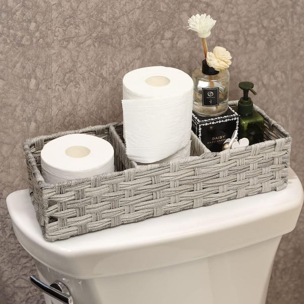 Freestanding Woven Storage Basket for Toilet Tank Top, Bathroom, Table and  Counter in Navy Stitching White 1 pack