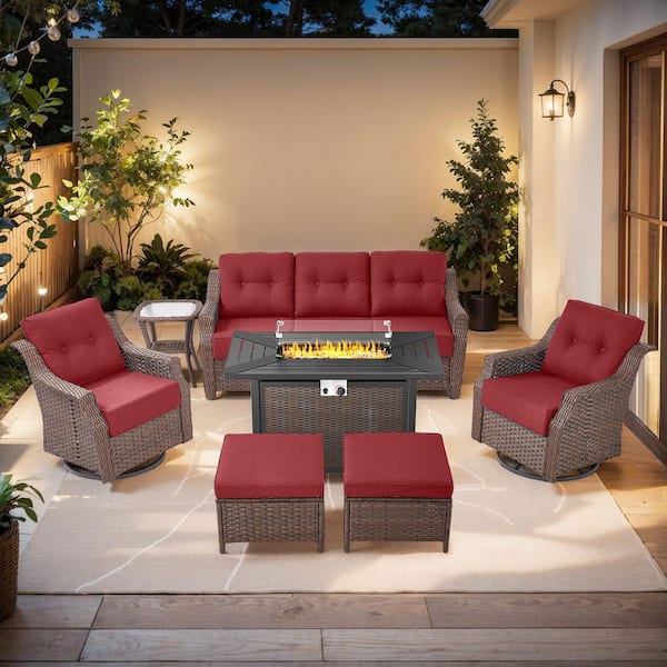 Modern Farmhouse 7-Piece Brown Wicker Patio Fire Pit Conversation Set with Red Cushions and Rectangle Metal Fire Pit