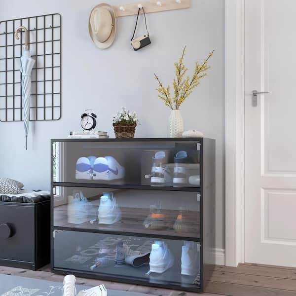 31.3 in. H x 14.76 in. W Black 12-Color LED Shoe Storage Cabinet with Glass Doors & Dust Protection