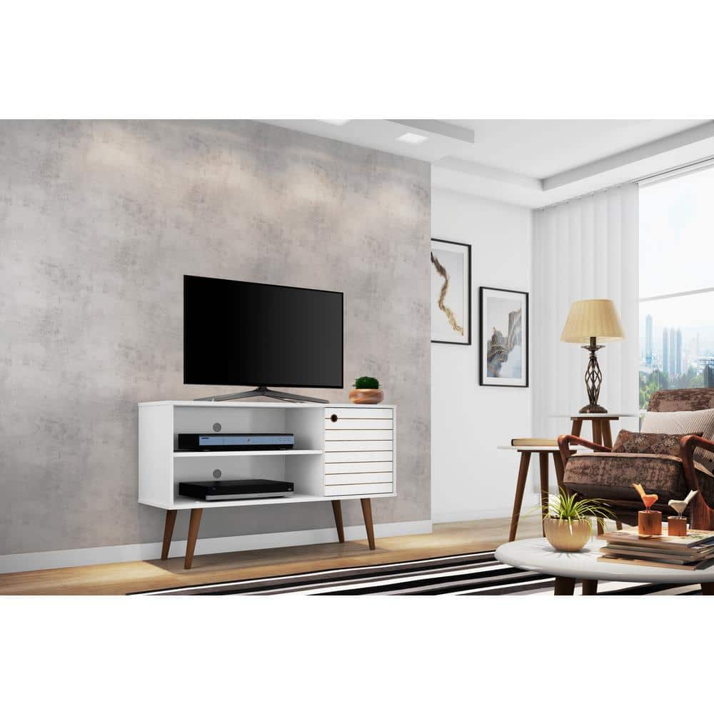 Sleek White Mid-Century Modern TV Stand with Cabinet and Shelves