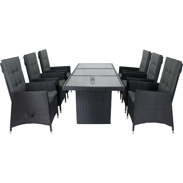 Unbranded 7-Piece Black Wicker Outdoor Dining Set with Gray Cushions and Glass Tabletop and Adjustable Backrest