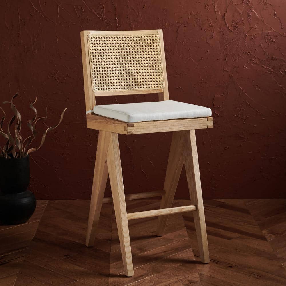 Natural Ash Wood and Rattan Bar Stool with White Cushion