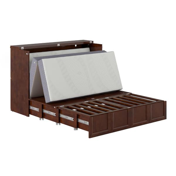 Athena Walnut Brown Wood Frame Queen Murphy Bed Chest with 6 in. Mattress Storage Drawer and Built-in Charger
