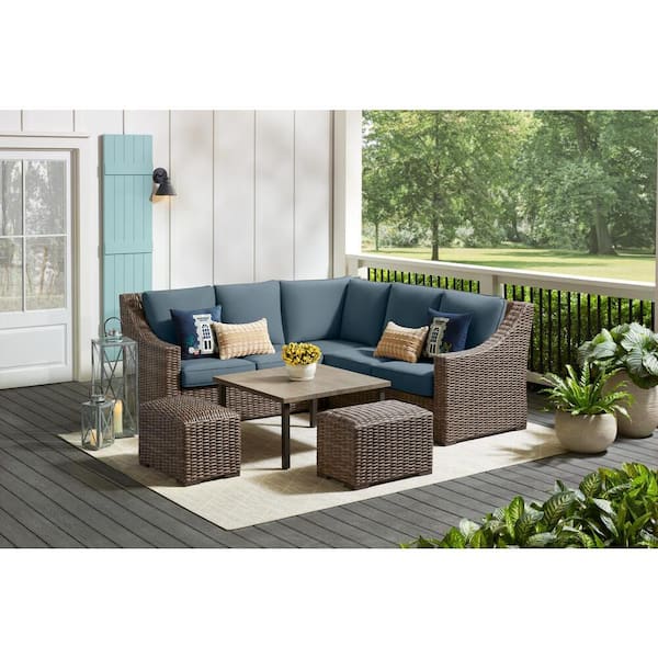 Hampton Bay Rock Cliff 6-Piece Brown Wicker Outdoor Patio Sectional Sofa Set with Ottoman and Sunbrella Denim Blue Cushions
