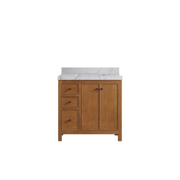 Willow Collections Chicago Veneer 36 in. W x 22 in. D x 36 in. H Center Sink Bath Vanity in Dark Natural with 2" Venatino Qt. Top