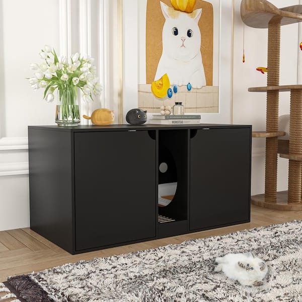 Modern Cat Litter Box Enclosure for 2 Cats, Large Wood Stackable Cat Washroom Cabinet Bench End Table Furniture, Black
