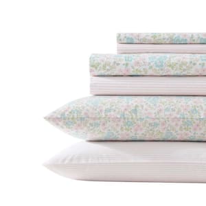 Laura Ashley Jaynie 6-Piece Blue Pink Cotton Queen Sheet Set