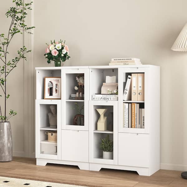 White 39.4 in. Wood Storage Cabinet with 2 Glass Door and Storage