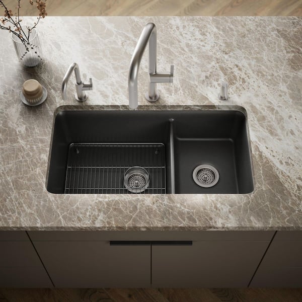 Cairn 33 in. Undermount Neoroc Granite Composite Double Bowl Kitchen Sink with Sink Rack