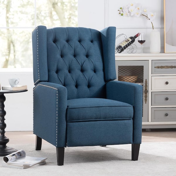 Merax Blue Polyester 27.16 in. W Tufted Wingback Manual Recliner with Nailheads Arm