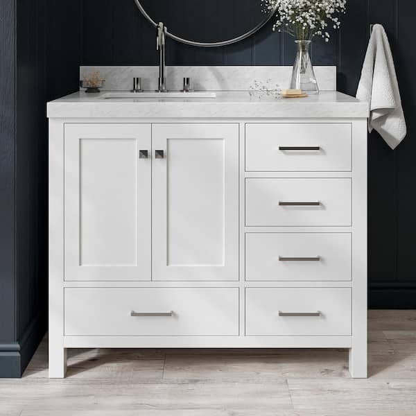 ARIEL Cambridge 42 in. W x 22 in. D x 36.5 in. H Single Sink Freestanding Bath Vanity in White with Carrara Marble Top
