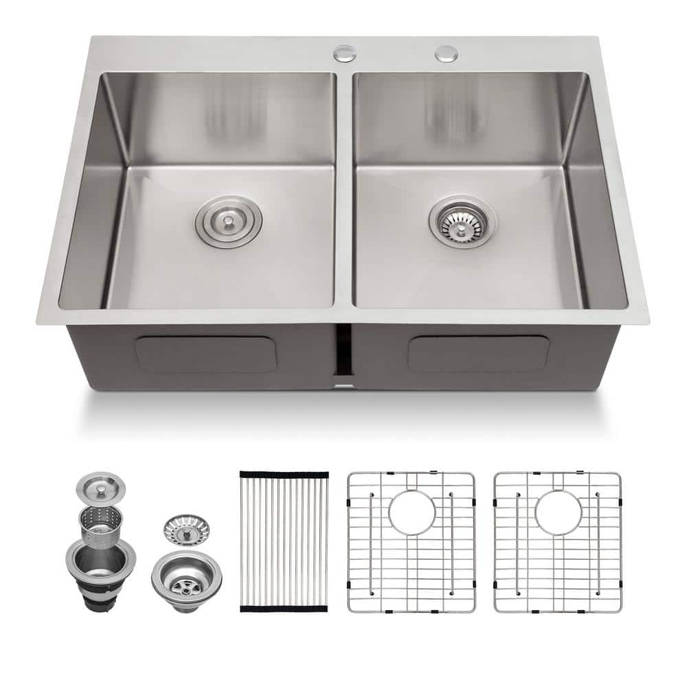 Logmey 18-Guage Stainless Steel 33 in. Double Bowl Drop-In Kitchen Sink ...