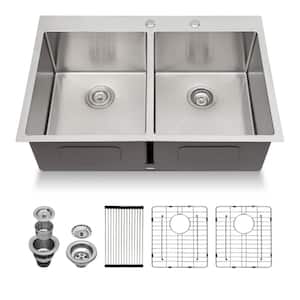 18-Guage Stainless Steel 33 in. Double Bowl Drop-In Kitchen Sink with Strainer and Bottom Grid