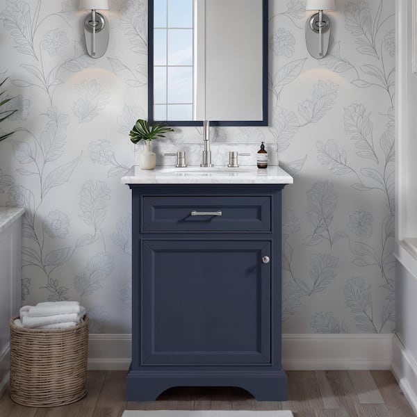 Windlowe 24 in. Single Sink Navy Blue Bath Vanity with White Carrara Marble Top (Assembled)