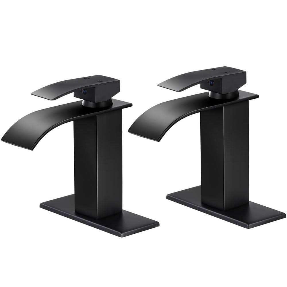 Single-Handle Black Waterfall Bathroom Faucet with Deck Plate, Bathroom Fau