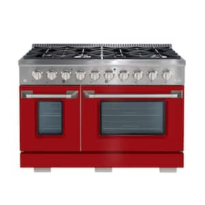 48 in. Double Oven Gas Range with 8 Burners and Convection Oven in Stainless Steel with Matte Red Door