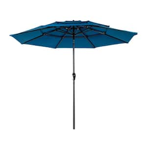 10 ft. Aluminium Outdoor Patio Umbrella 3 Tier Auto-Tilt Market Umbrella with Crank Tilt in Dark Blue