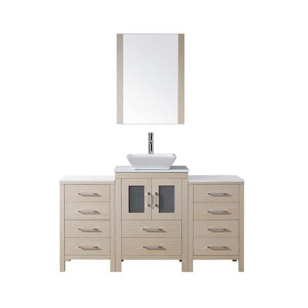 Virtu USA Dior 60 in. Vanity in Light Oak with Pure Marble Vanity Top in White and Mirror-DISCONTINUED