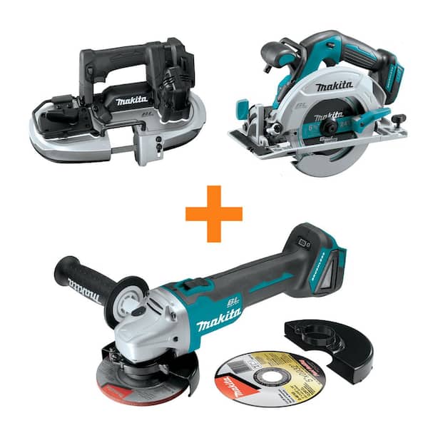 Makita 18V LXT Sub-Compact Brushless Band Saw and 18V LXT Brushless Circular Saw with bonus 18V LXT Brushless Angle Grinder