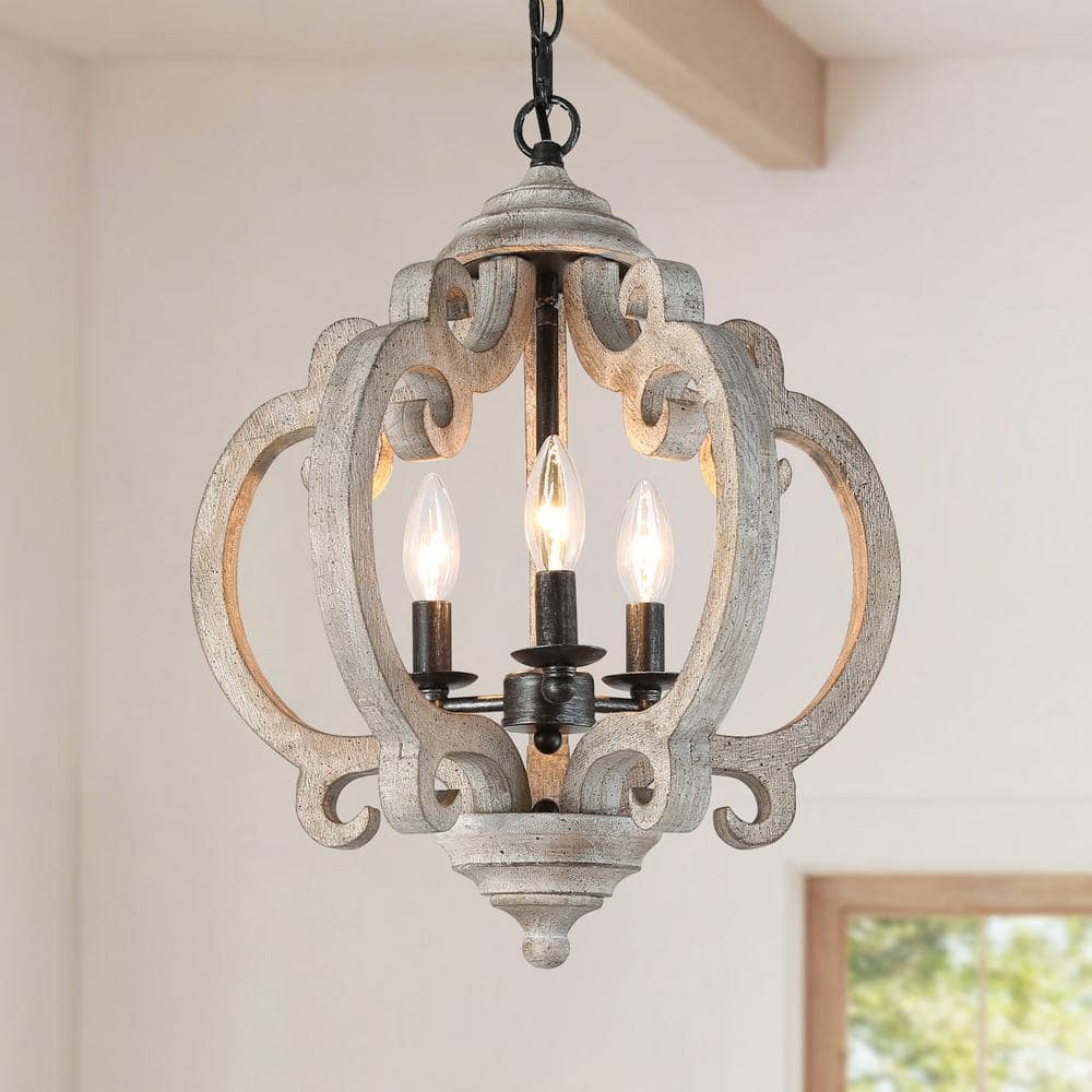 Globe Wood Chandelier Washed Gray Round Pendant 3-Light Farmhouse Candlestick Chandelier Rustic Hanging Lantern price history on PriceWatchPro