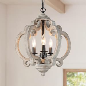 Globe Wood Chandelier Washed Gray Round Pendant 3-Light Farmhouse Candlestick Chandelier Rustic Hanging Lantern