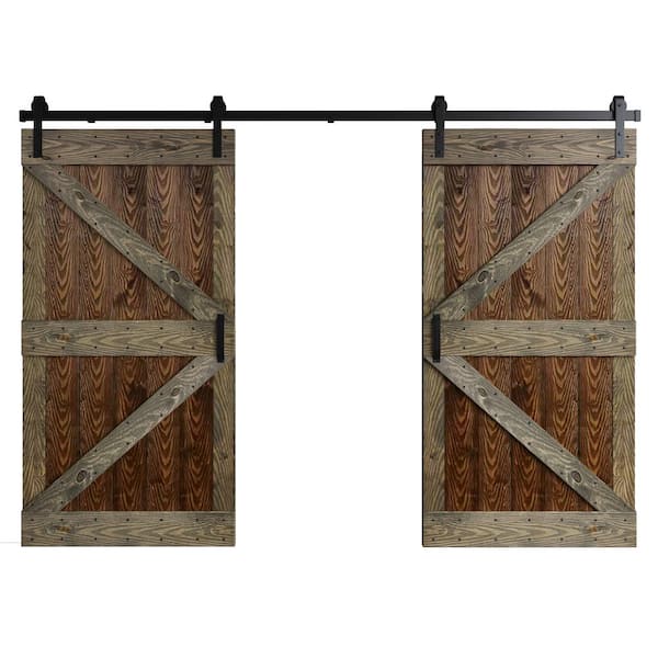 COAST SEQUOIA INC Coast Sequoia 84 in. x 84 in. Embossing K Series Dark Walnut/Aged Barrel Wood Double Sliding Barn Door with Hardware Kit