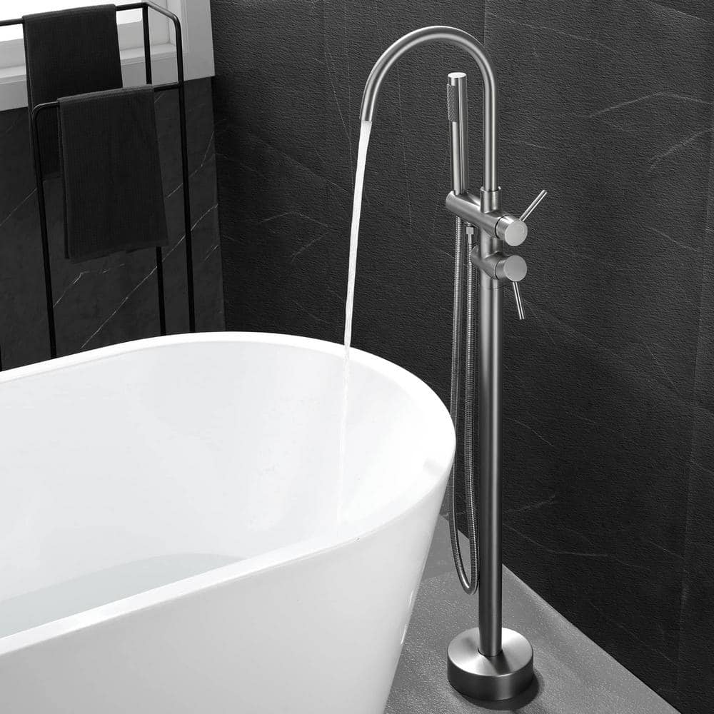 Brushed Nickel Double Handle Freestanding Tub Faucet with Hand Shower