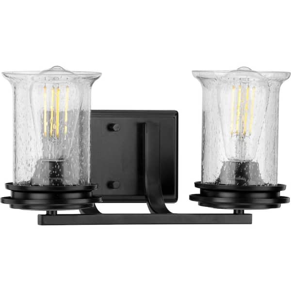 Progress Lighting Winslett Collection 2-Light Matte Black Clear Seeded Glass Coastal Bath Vanity Light