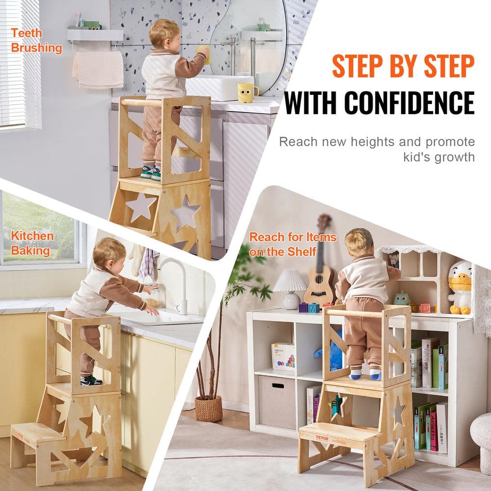 Natural Pine Wood Toddler Step Stool with Safety Rail