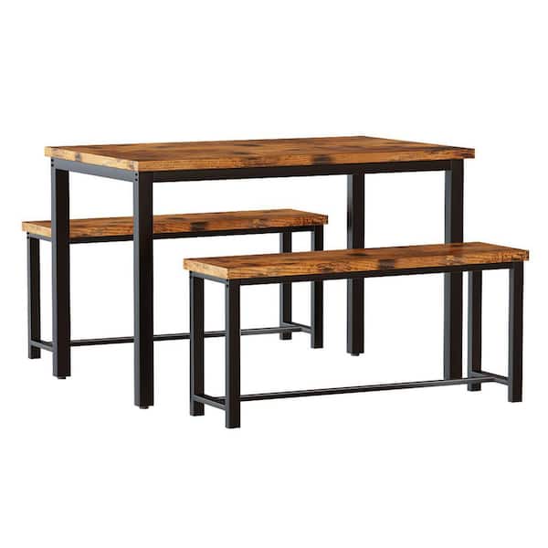 mieres 21 Saviq 3-Piece Rectangle Wood Rustic Brown Bar Table Set with 2 Benches