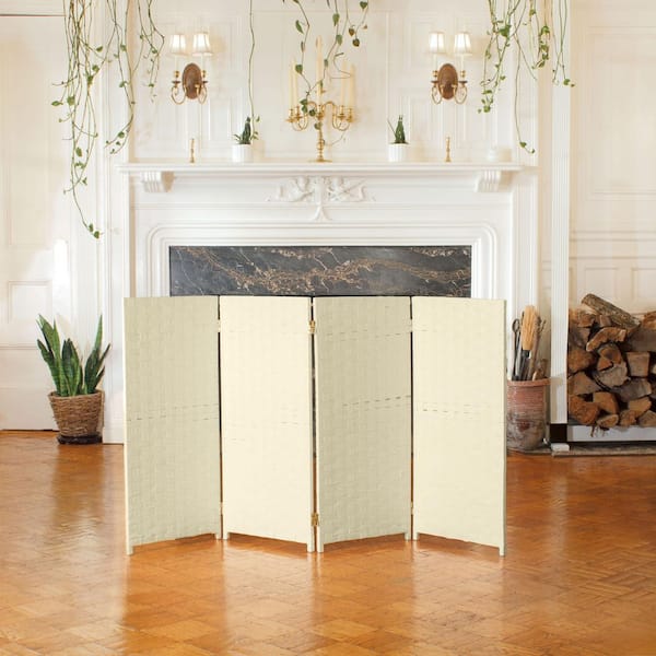 Oriental Furniture 3 ft. Short Woven Fiber Folding Screen - 4 Panel - Cream