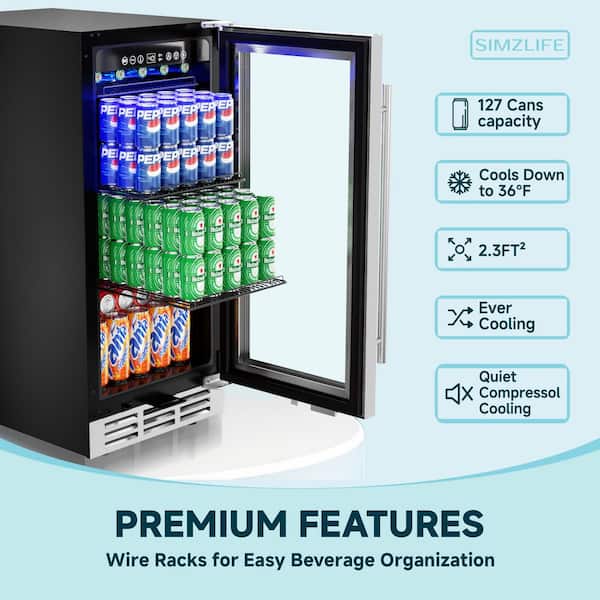 15 in. Single Zone 127-Cans Undercounter Freestanding/Built-in Beverage and Wine Cooler in Black, Visible Glass Door