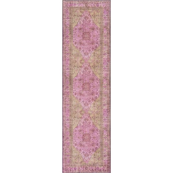 Well Woven Nile Gila Vintage Bohemian Medallion Botanical Border Pink 2 ft. x 7 ft. Machine Washable Flatweave Runner Rug