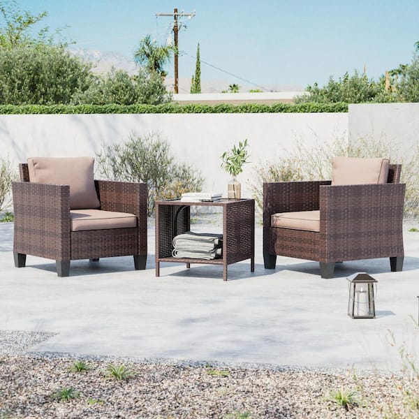 JOYESERY 3-Piece Brown Wicker Patio Bistro Set Outdoor Single Sofa Set with Side Table for Outdoor Lawn, Sand Cushions