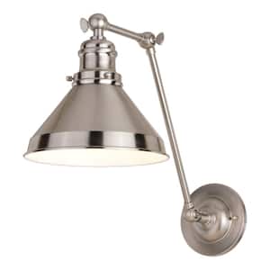 Alexis 8 in. W Satin Nickel and Matte White Adjustable Swing Arm Wall Lamp with Metal Shade