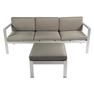 3-Piece All Aluminum Outdoor 3-Person Sofa and Floor Mat Sectional Set with Khaki Cushions