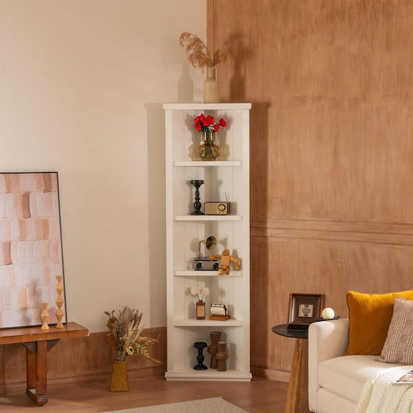 2 Retro 75.25 in. Tall White Wood 5-Shelf Standard Bookcases, Triangle Sided Bookshelves (Set of 2)