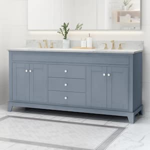 73 in. W x 22 in. D x 40 in. H Double Sink Freestanding Bath Vanity in Gray with White Marble Top and Backsplash