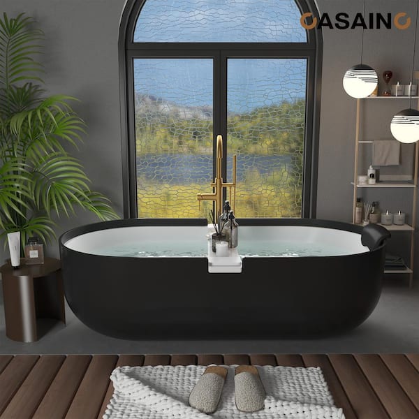 CASAINC 71 in. x 35 in. Solid Surface Stone Free Standing Tub Soaking Bathtub in Matte White with Black Bathtub Pillow
