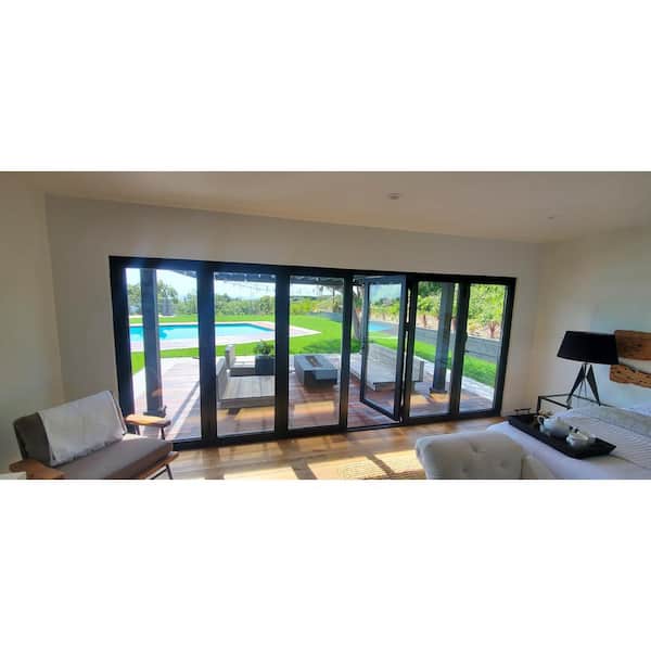 Eris 192 in. x 96 in. Center Opening/Outswing Double Tempered Glass Black Aluminum Folding Patio Door Eris 192 in. x 96 in. Center Opening/Outswing Double Tempered Glass Black Aluminum Folding Patio Door