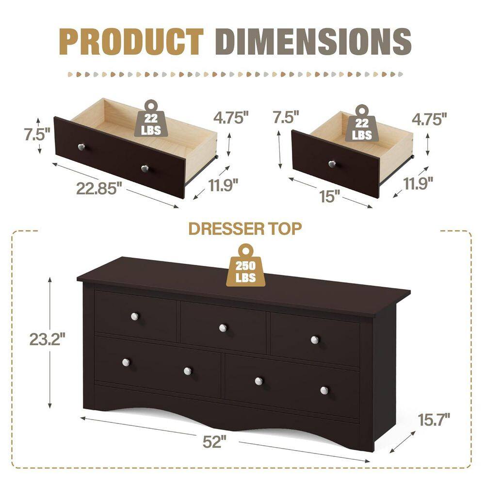 Creaser 52 in. Black MDF Dresser for Bedroom, Wide Chest of Drawers with 5-Wood Dresser Drawers - thumbnail 10