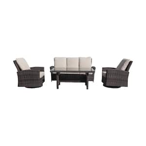 Cheshire 4-Piece Aluminum Recline Sofa Set with Swivel Gliders and Chow Dining Table with Cream Cushions