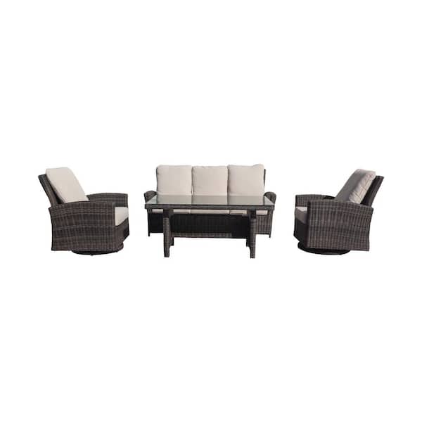 Courtyard Casual Cheshire 4-Piece Aluminum Recline Sofa Set with Swivel Gliders and Chow Dining Table with Cream Cushions